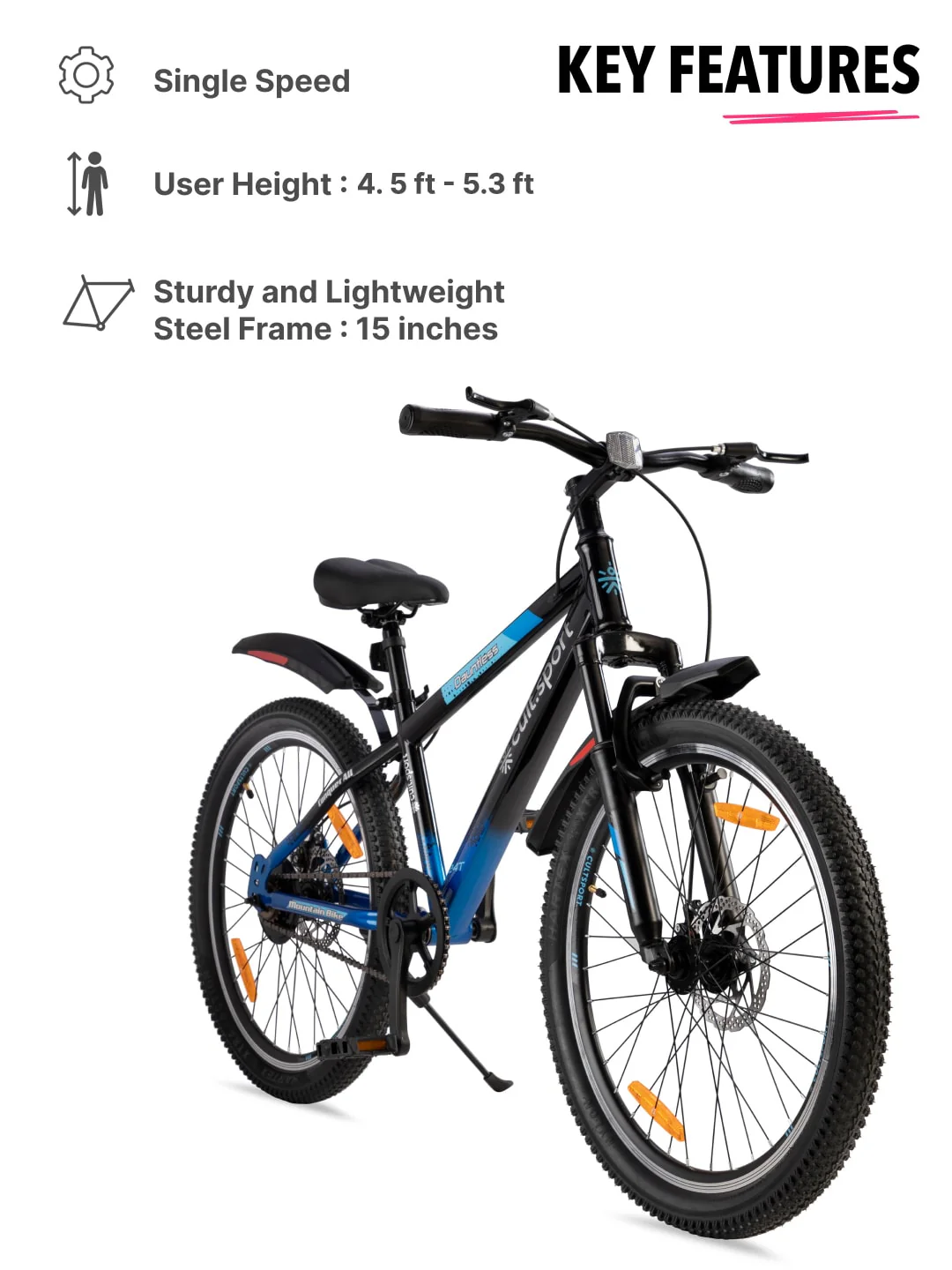 Dauntless24TBlue Steel Single Speed 24 inch Mountain Cycle, Front Suspension, Double Wall Rim and Dual Disc Bake - Image 2