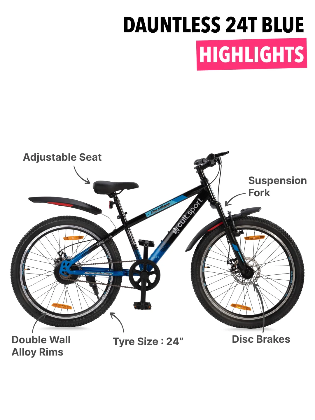 Dauntless24TBlue Steel Single Speed 24 inch Mountain Cycle, Front Suspension, Double Wall Rim and Dual Disc Bake - Image 3