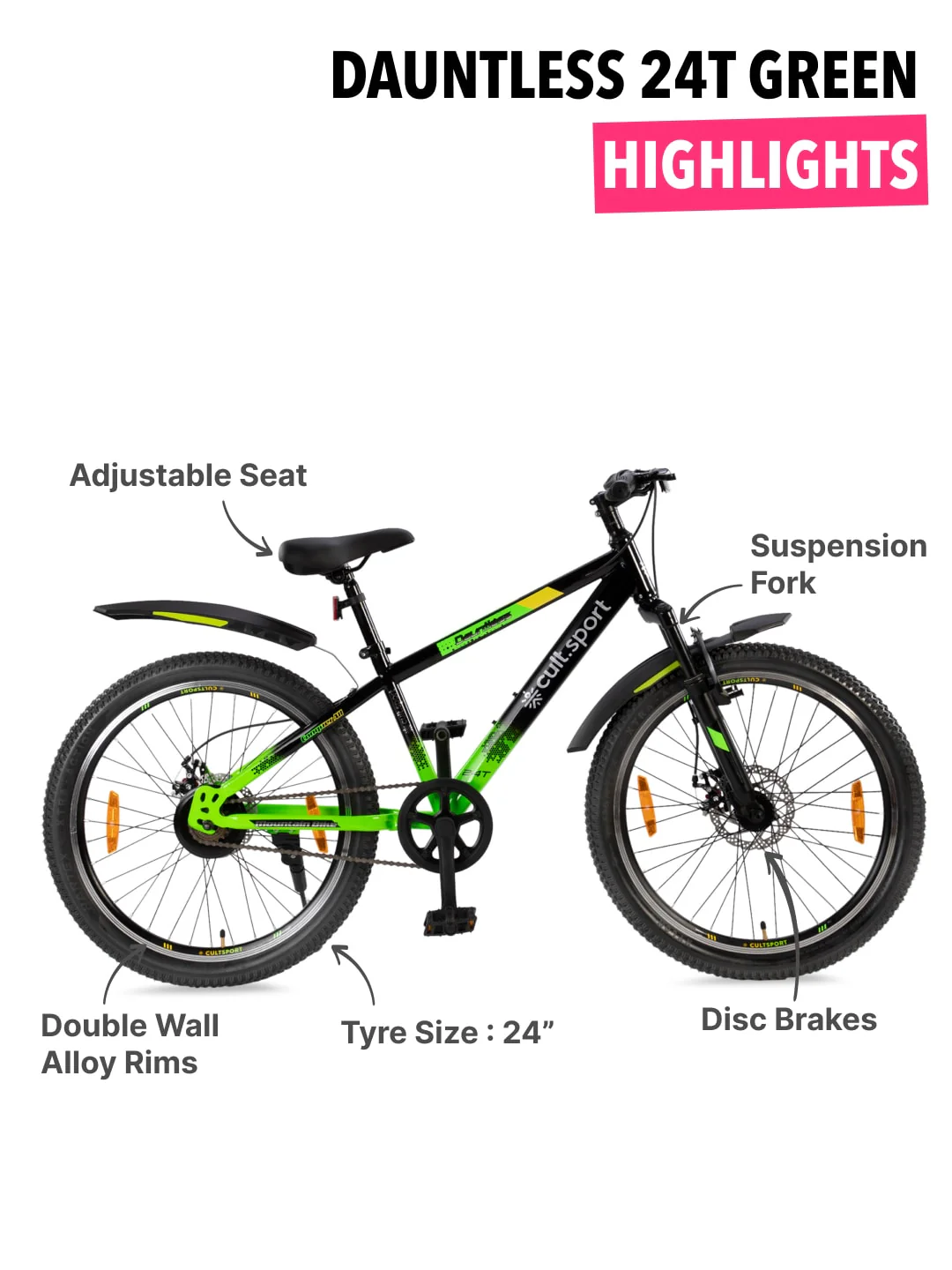 Dauntless24TGreen Steel Single Speed 24 inch Mountain Cycle, Front Suspension, Double Wall Rim and Dual Disc Brake - Image 3