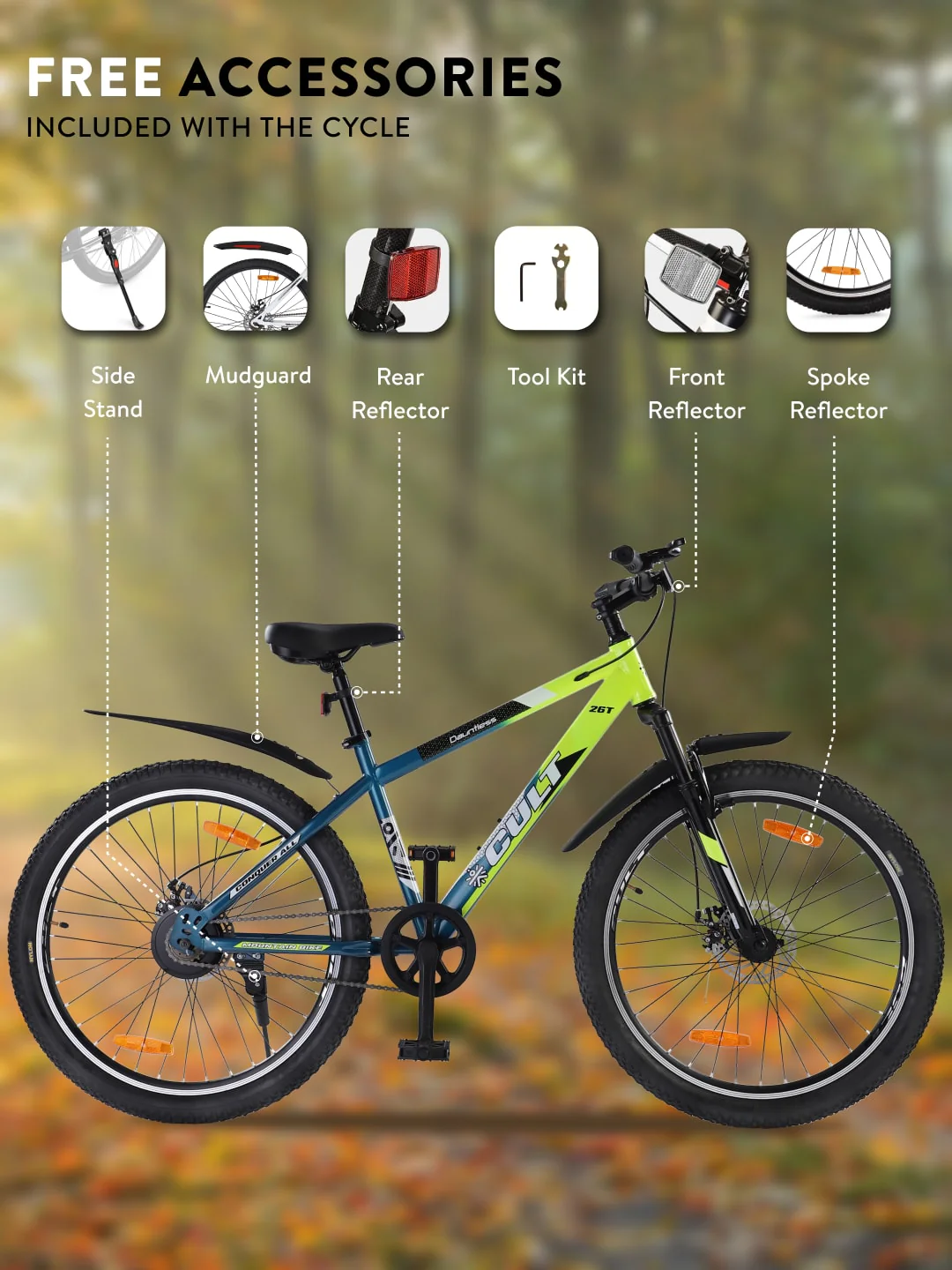 DAUNTLESS26TGREENBLUE Steel Single Speed 26 inch Mountain Cycle, Dual Disc Brake, Front Suspension, Double Wall Rim - Image 8