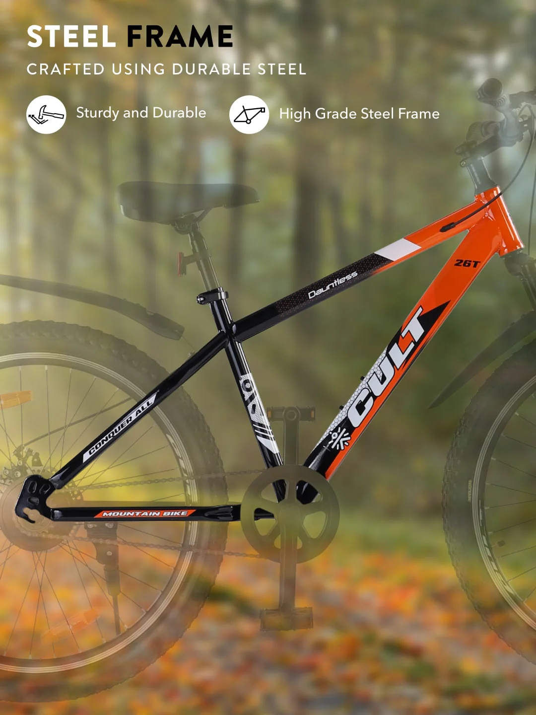 DAUNTLESS26TORANGEBLACK Steel Single Speed 26 inch Mountain Cycle, Dual Disc Brake, Front Suspension, Double Wall Rim - Image 3