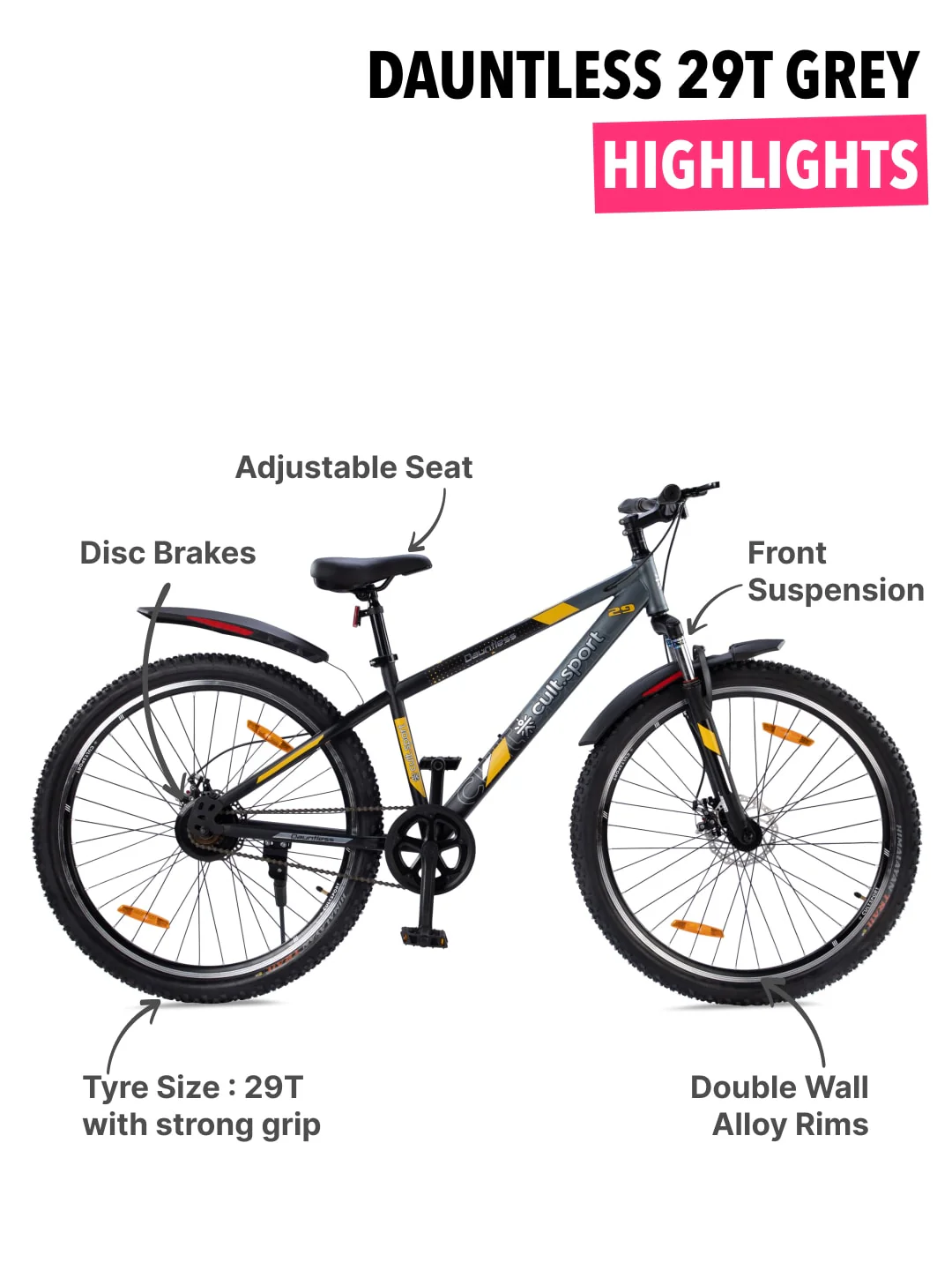 DAUNTLESS29TGREYBLACK Steel Single Speed 29 inch Mountain Cycle, Front Suspension, Double Wall Rim and Dual Disc Brake - Image 3