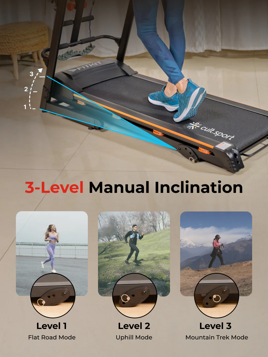 FT100M Treadmill 4.5HP | Massager | 3-level Manual-Incline | Max Weight-110kg | Max Speed-14.8kmph (with 6 months extended warranty) - Image 6