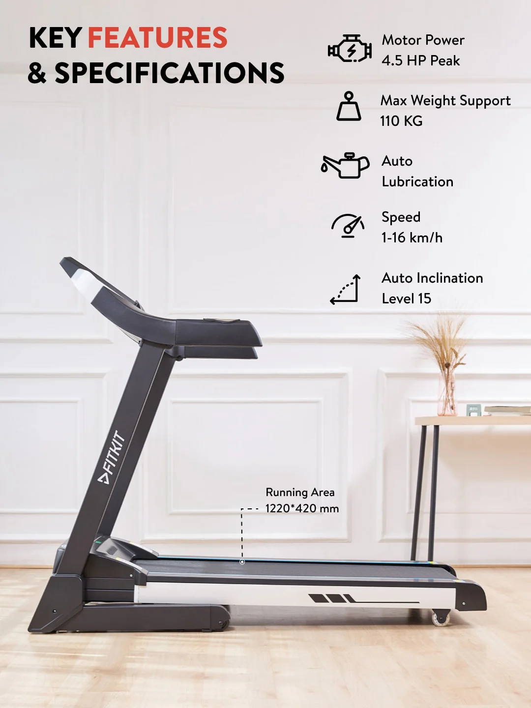 FT200S 4.5 HP Peak Treadmill | 15-level Auto-Incline | Max Weight-110kg | Max Speed-16kmph (with 6 Months extended warranty) - Image 2