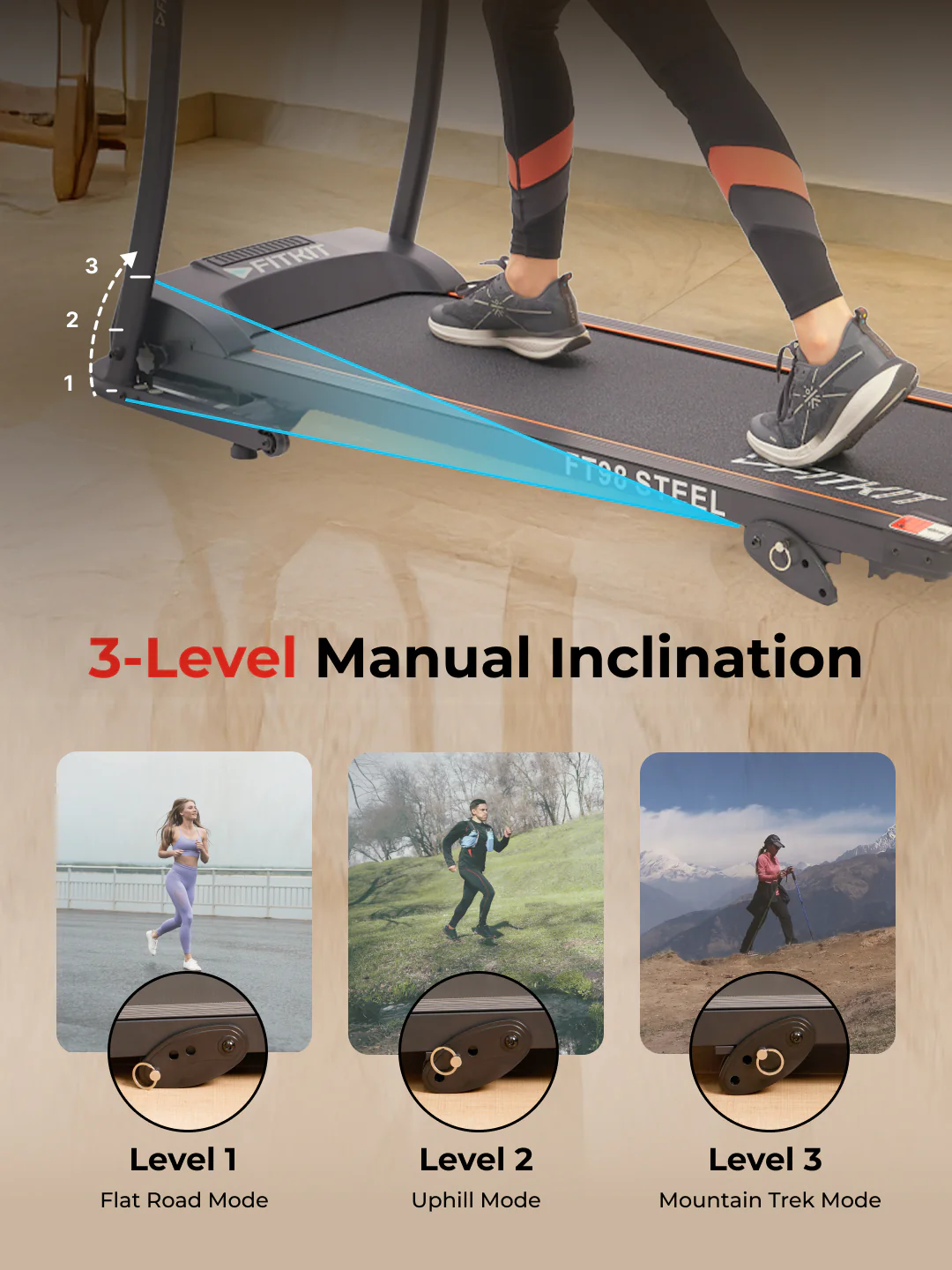FT98Steel 3HP Treadmill | 3-Level Manual-Incline | Max Speed-12.8kmph | Max Weight-100kg (with 6 months extended warranty) - Image 5