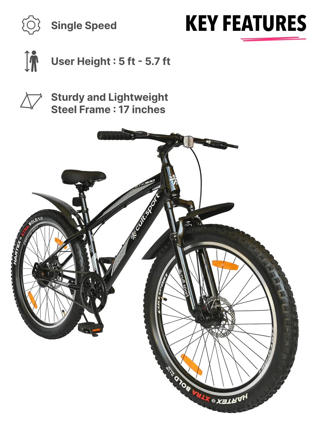 GTX30026TBLACK Steel Single Speed 26 inch Mountain Cycle, Front Suspension and Double Wall Alloy Rim, - Image 2