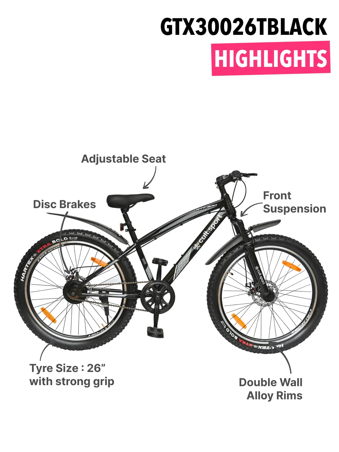 GTX30026TBLACK Steel Single Speed 26 inch Mountain Cycle, Front Suspension and Double Wall Alloy Rim, - Image 3