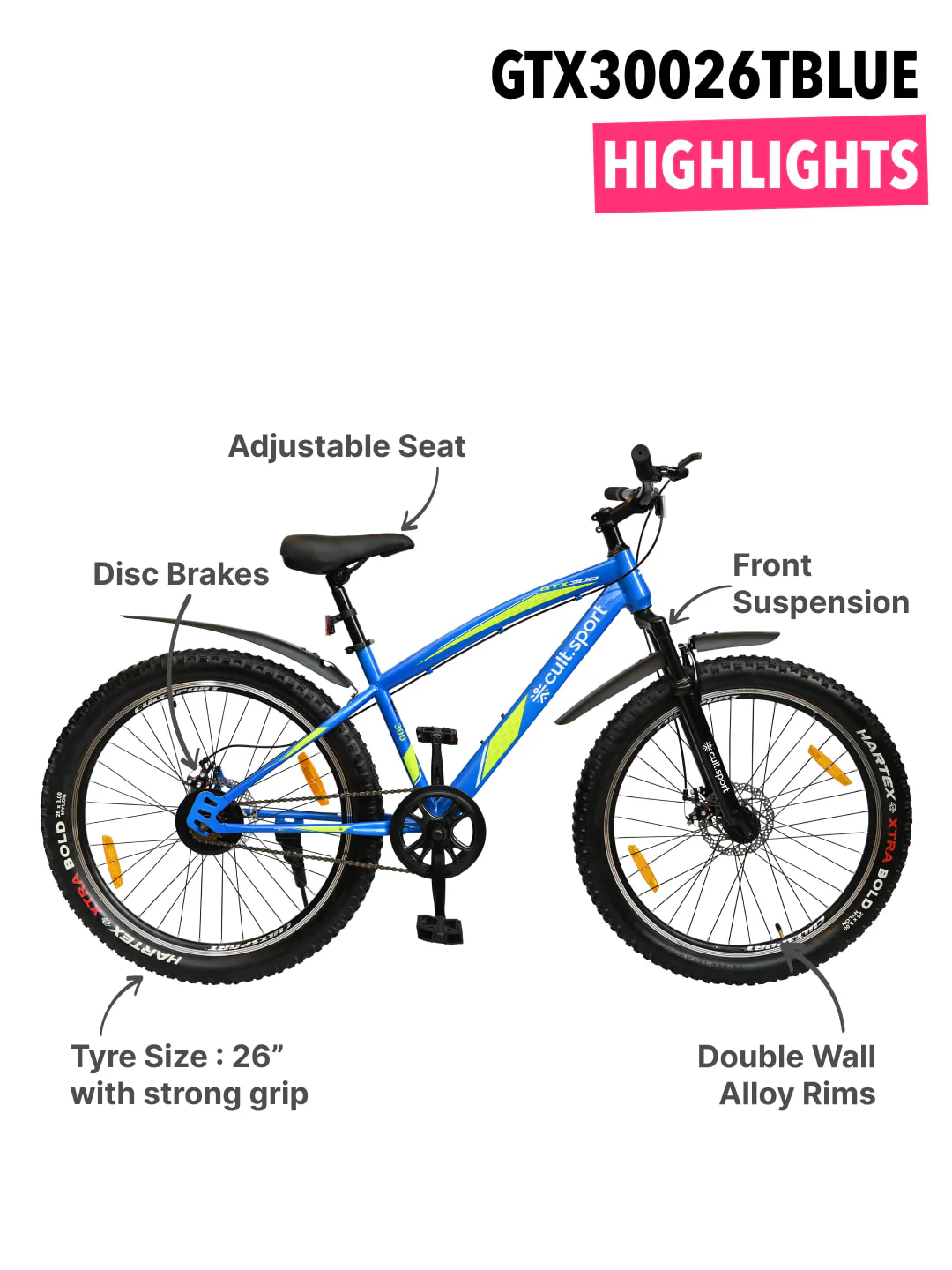 GTX30026TBLUE Steel Single Speed 26 inch Mountain Cycle, Front Suspension and Double Wall Rim - Image 3
