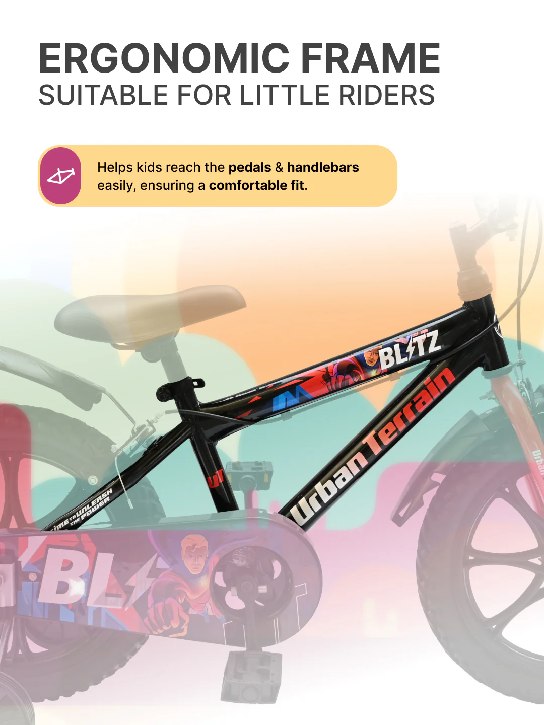 Urban Terrain Blitz Cycles 16T for Boys/Girls Kids Ages 4 to 6 Comes with Training Wheels (Black, Red) - Image 3