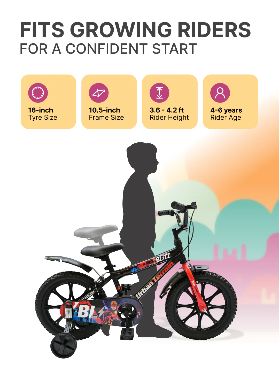 Urban Terrain Blitz Cycles 16T for Boys/Girls Kids Ages 4 to 6 Comes with Training Wheels (Black, Red) - Image 5