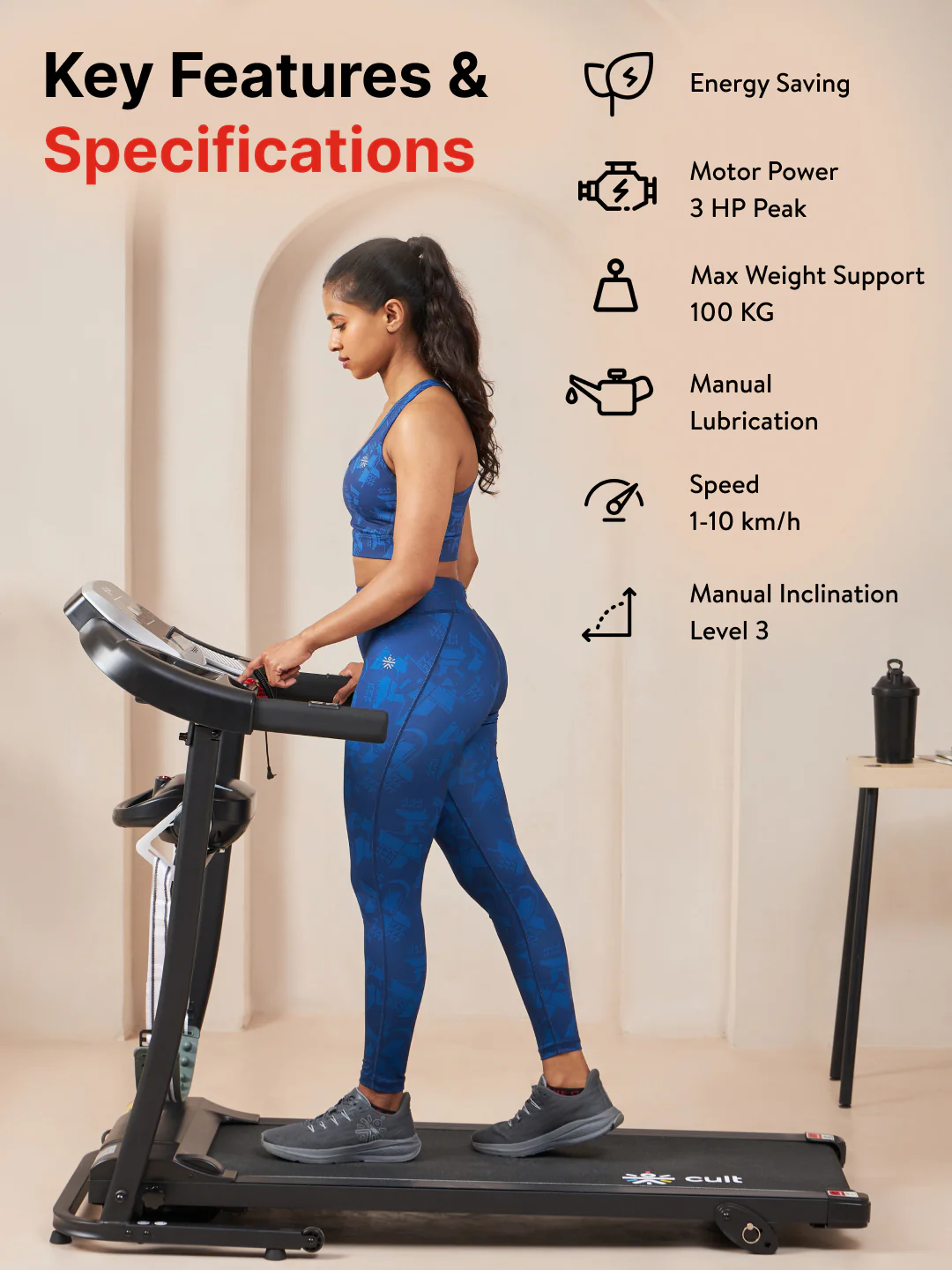 Cultrun M3.0 3HP Peak Treadmill | 3-level Manual-Incline | Max Weight-100kg | Max Speed-10 kmph (with 6 months extended warranty) - Image 3
