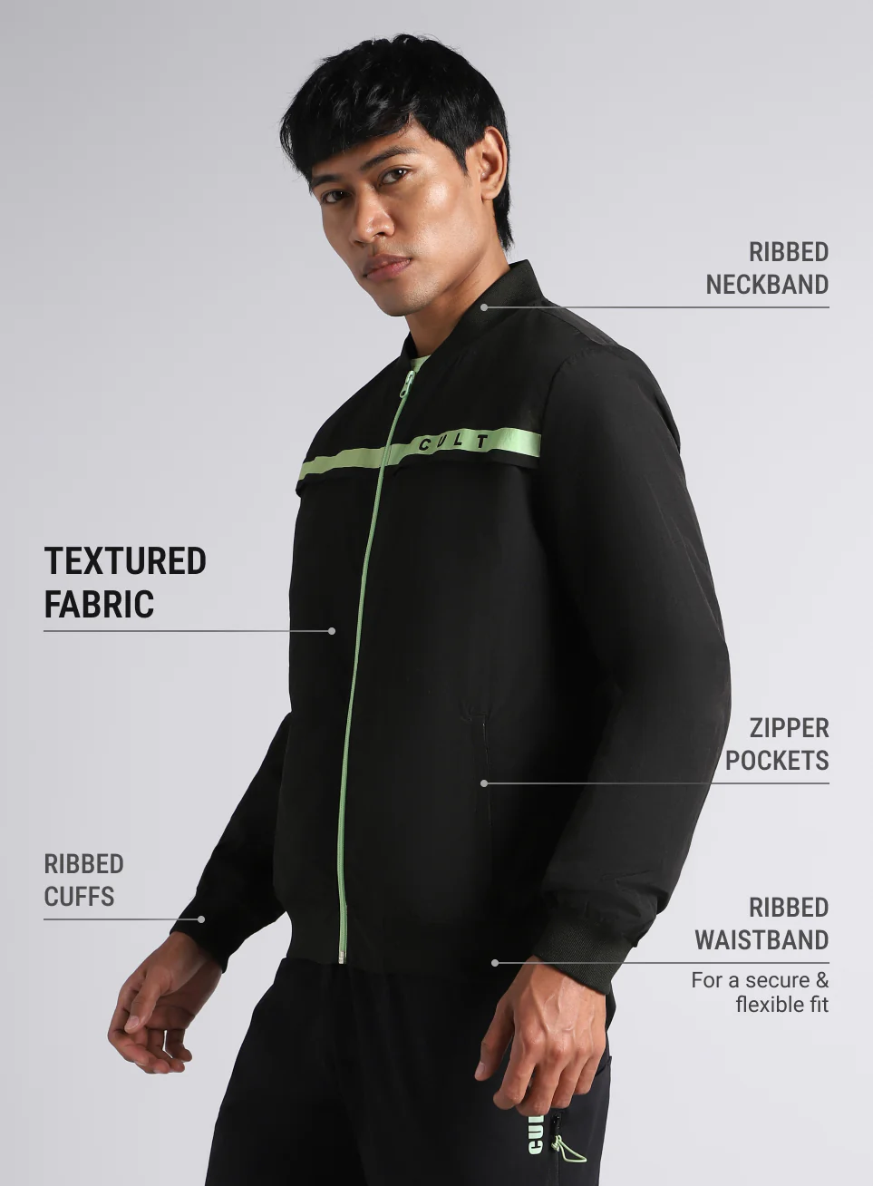 Men's Black & Green Bomber Jacket - Image 5