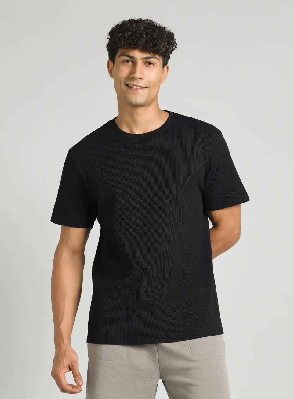 Men's Black Essential Oversized Fit Waffle T-shirt - Image 4