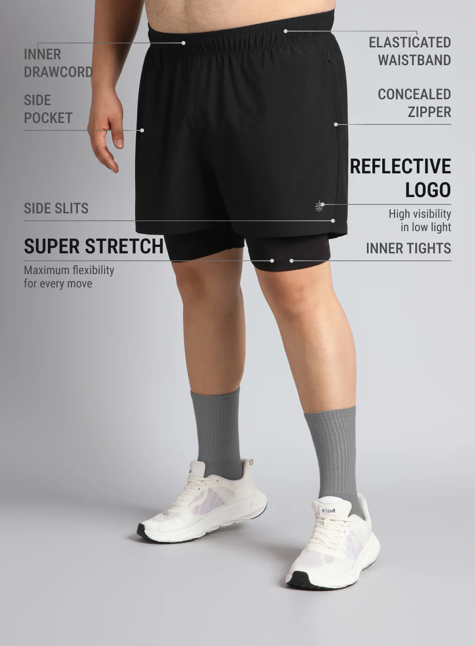 Men's Black Running Plus Size In-Built Shorts - Image 5