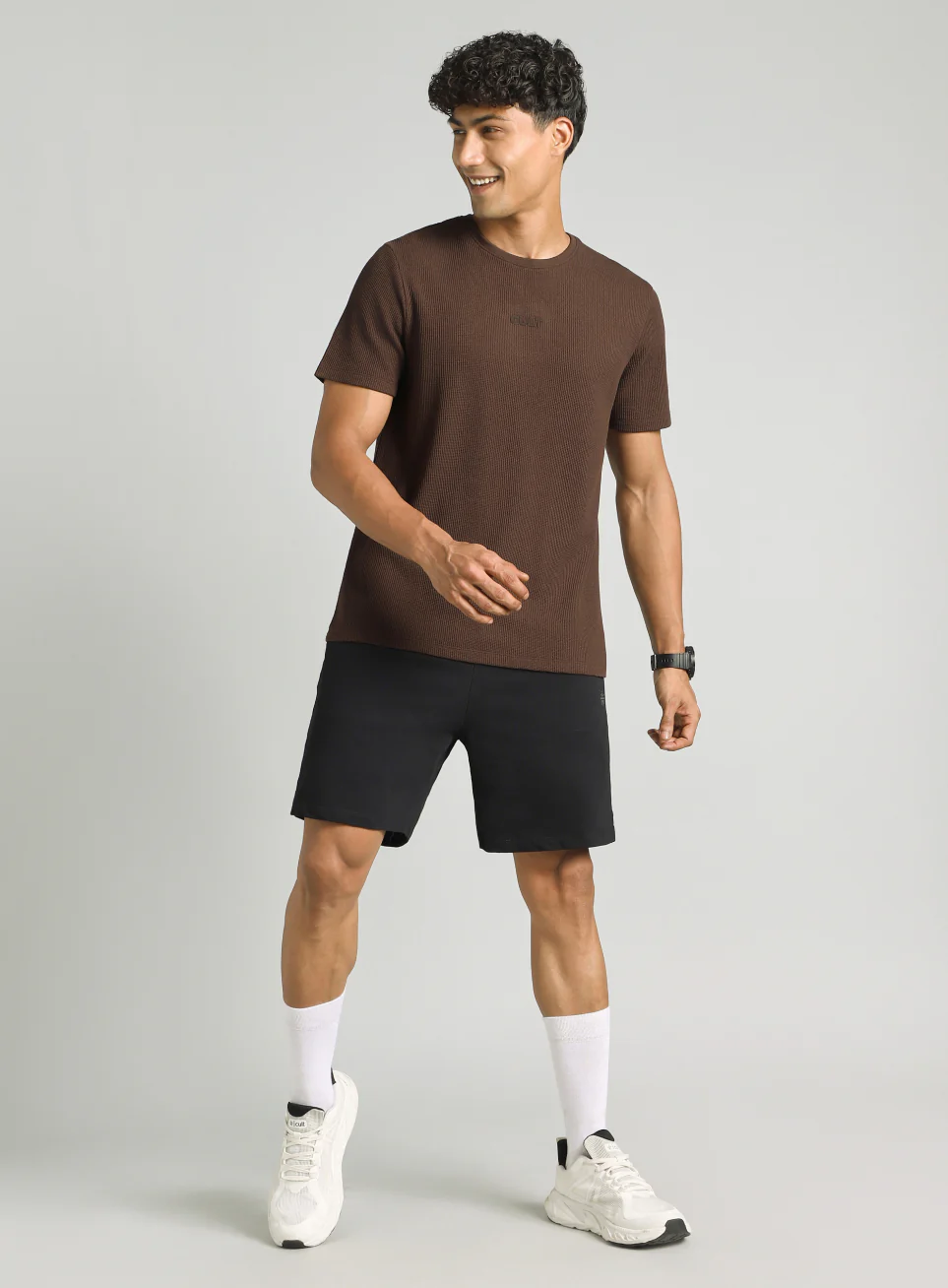 Men's Brown Essential Oversized Fit Waffle T-shirt - Image 2