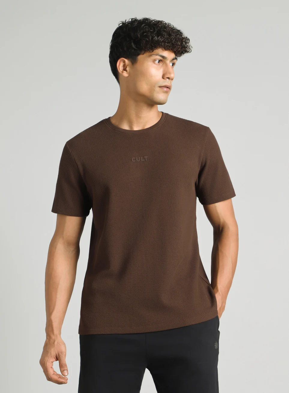 Men's Brown Essential Oversized Fit Waffle T-shirt - Image 4