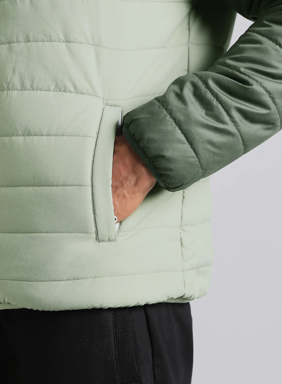 Men's Dark Green Colourblock Puffer Jacket - Image 11