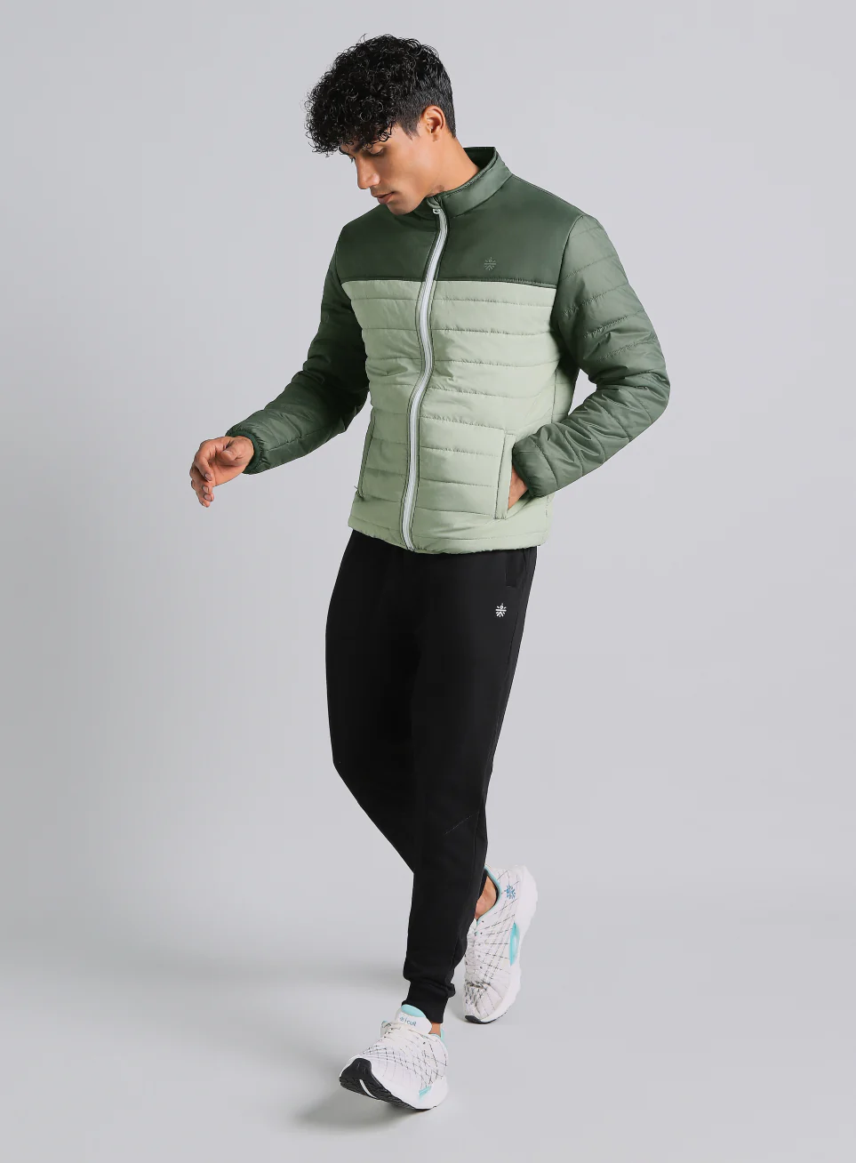 Men's Dark Green Colourblock Puffer Jacket - Image 2