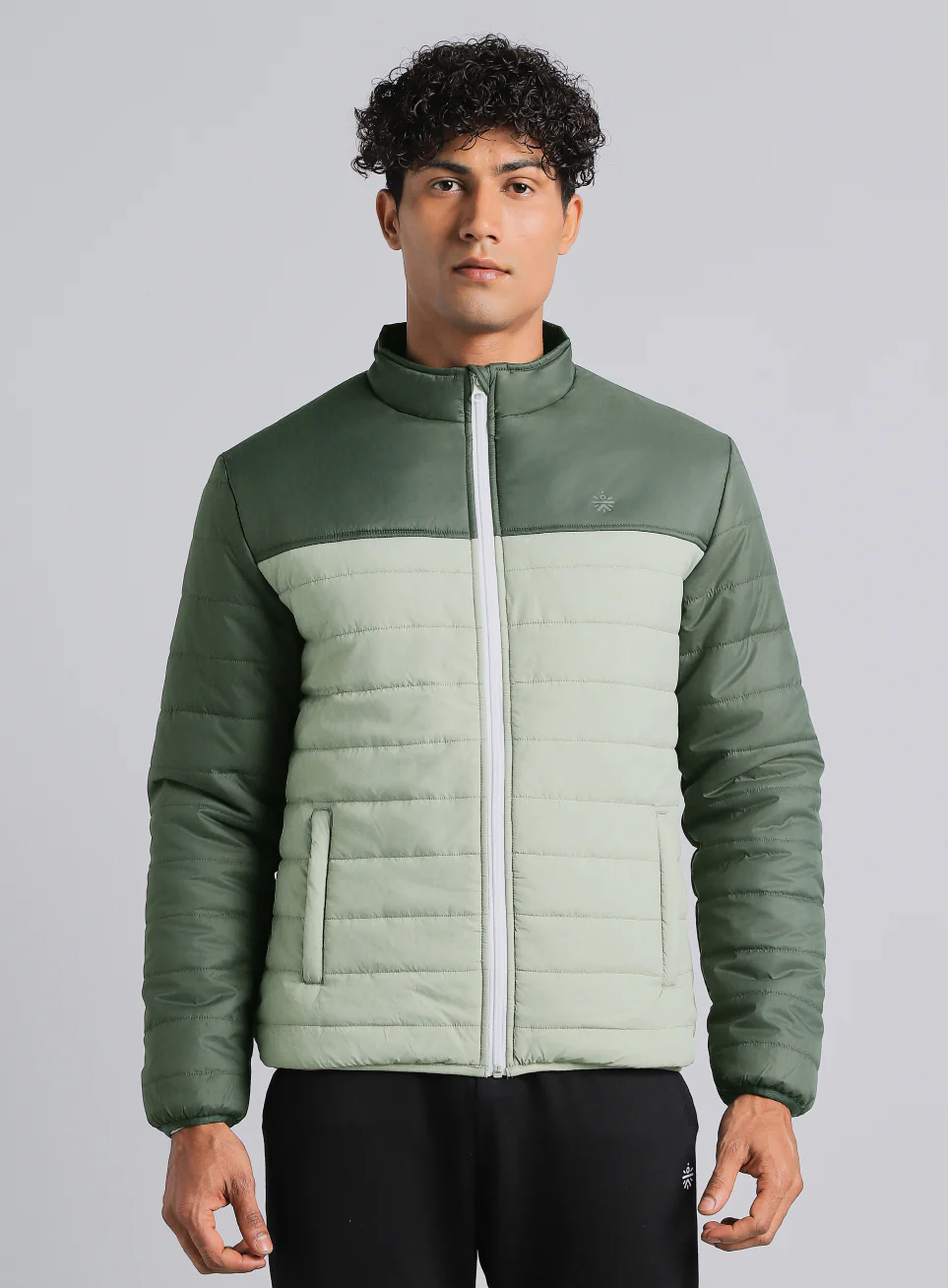 Men's Dark Green Colourblock Puffer Jacket - Image 4