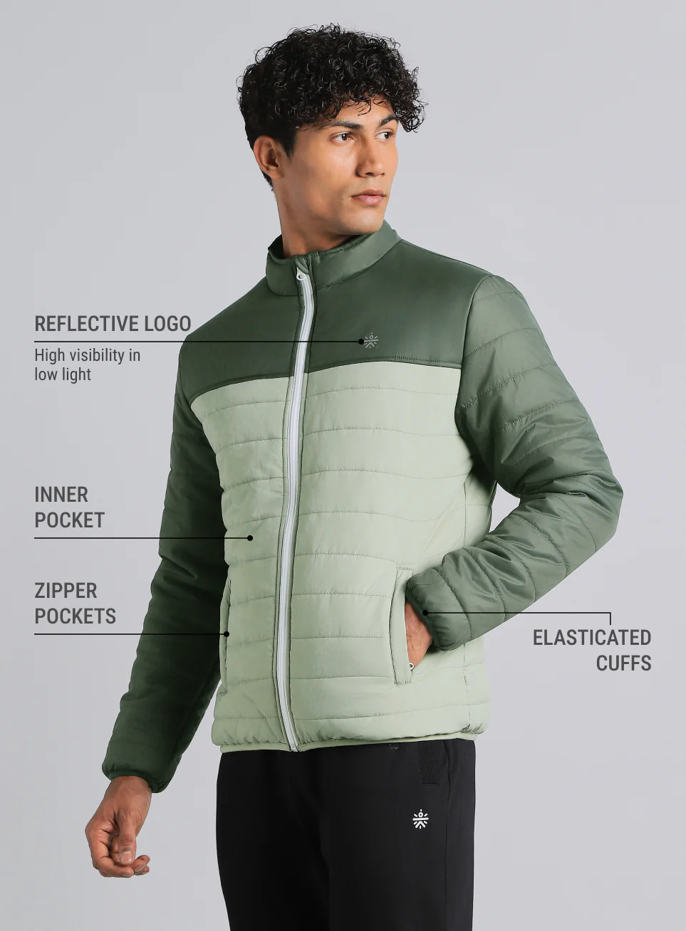 Men's Dark Green Colourblock Puffer Jacket - Image 5