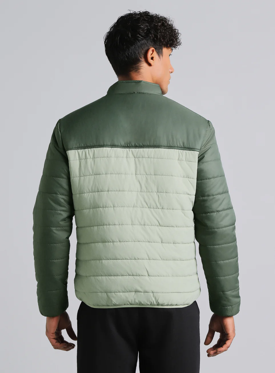 Men's Dark Green Colourblock Puffer Jacket - Image 6