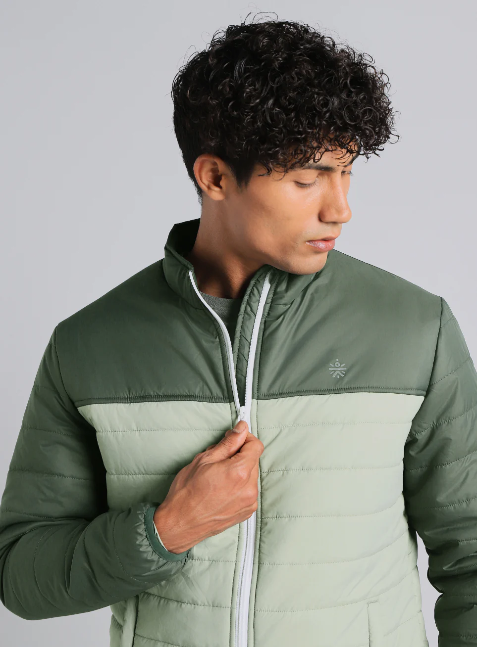 Men's Dark Green Colourblock Puffer Jacket - Image 8