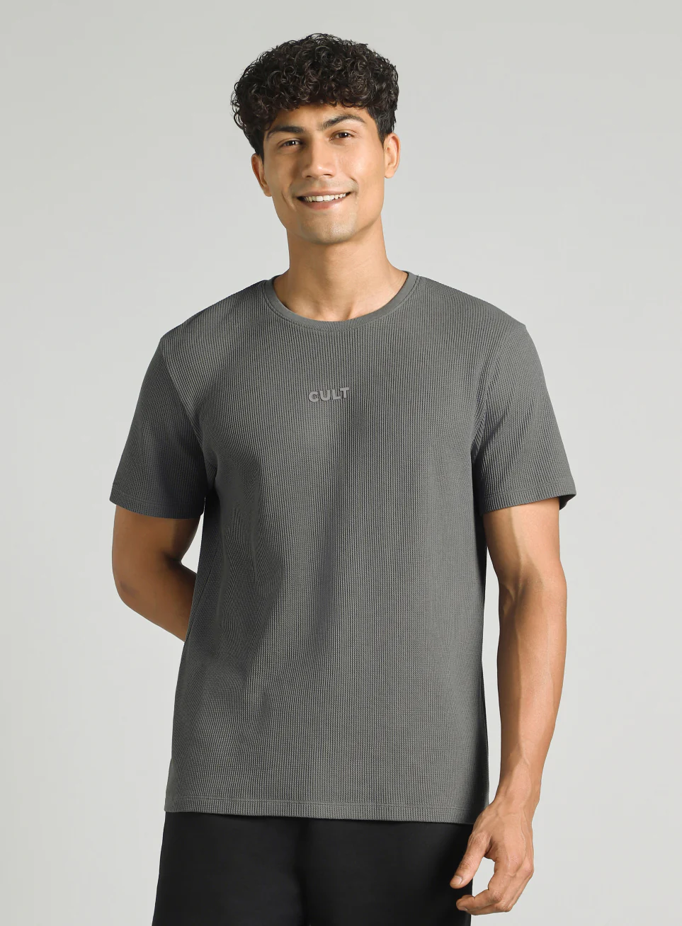Men's Dark Grey Essential Oversized Fit Waffle T-shirt - Image 4