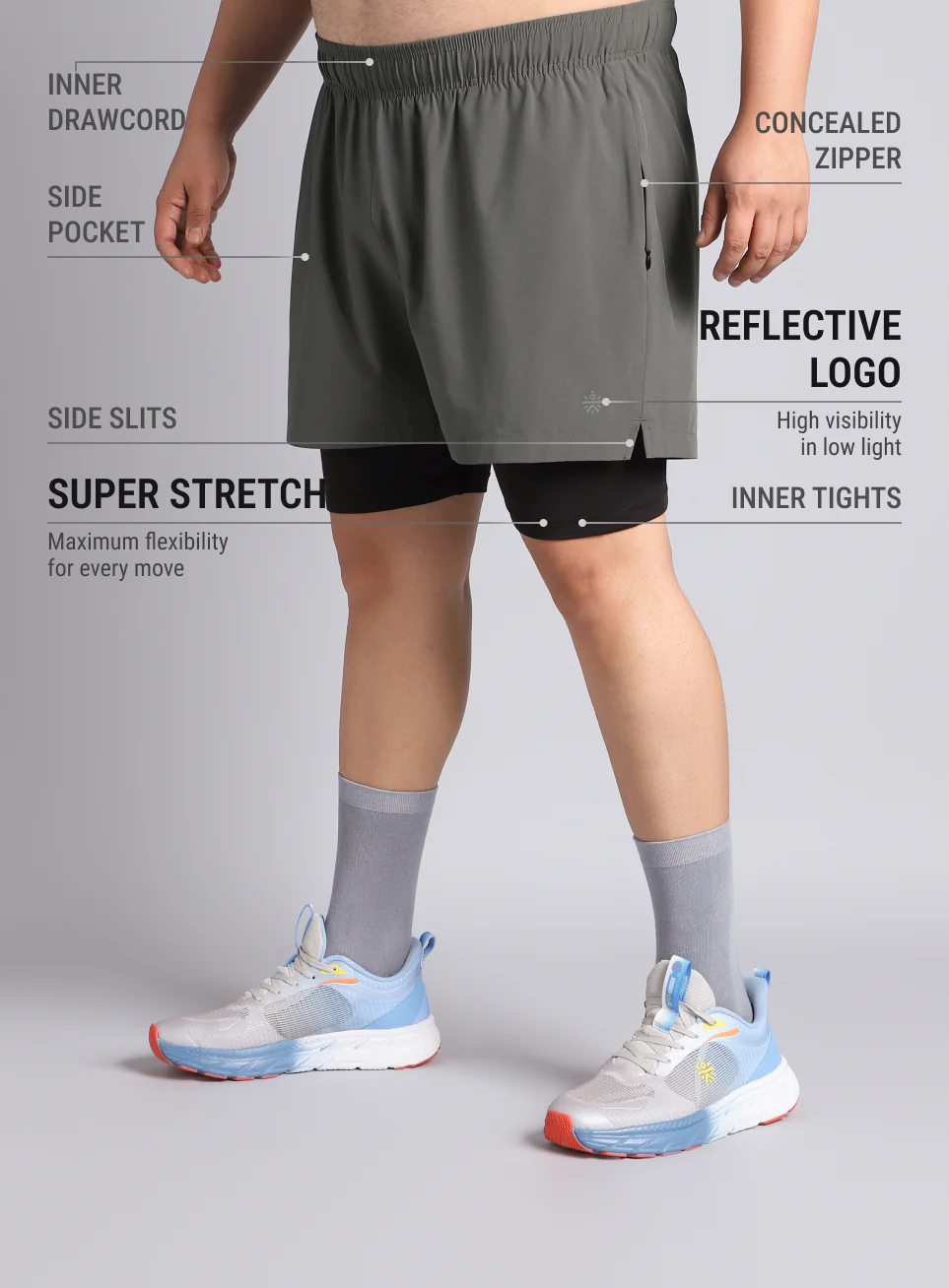 Men's Dark Grey Running Plus Size In-Built Shorts - Image 5