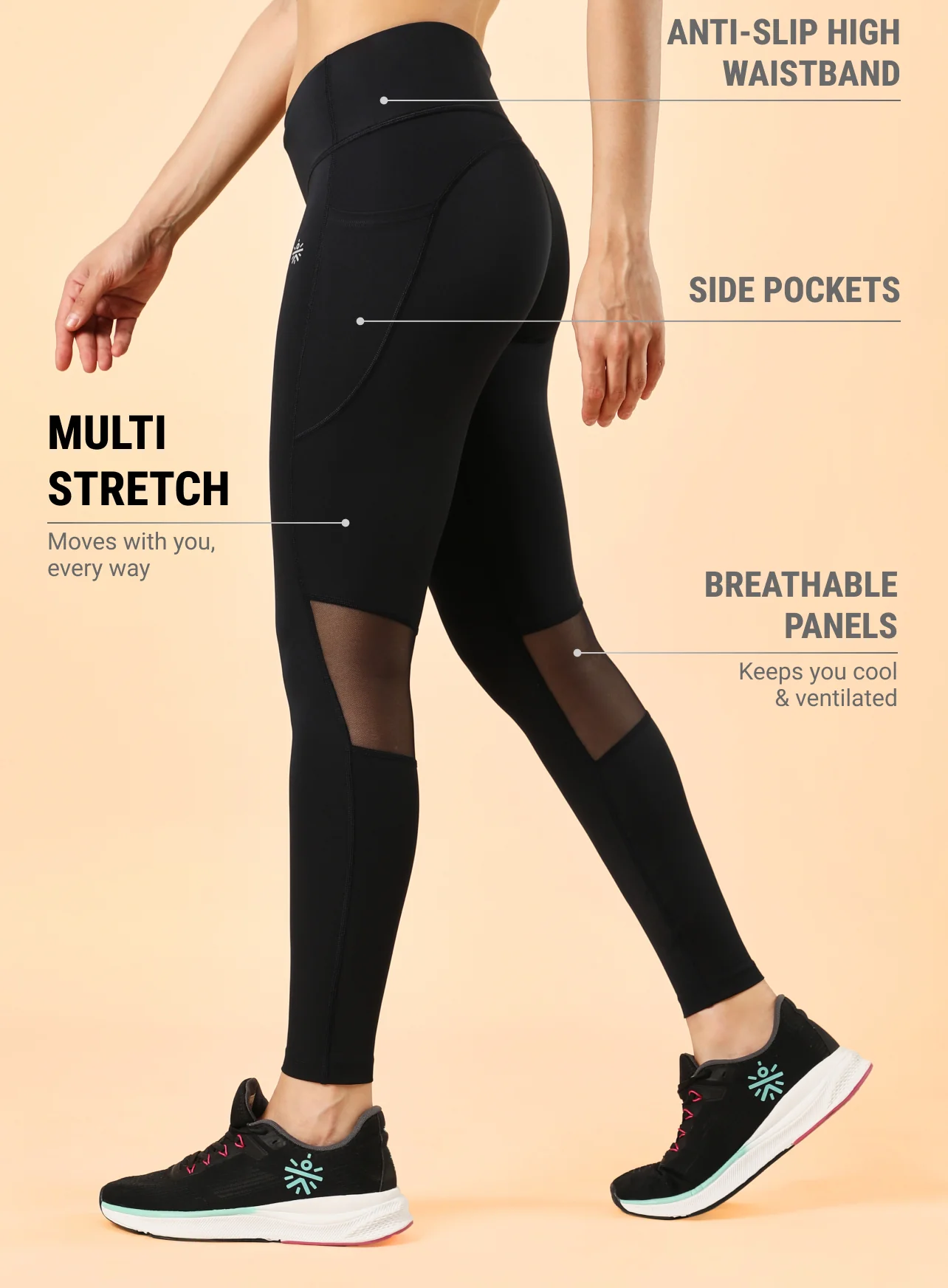 Mesh Panel Solid Leggings with Pocket - Image 5