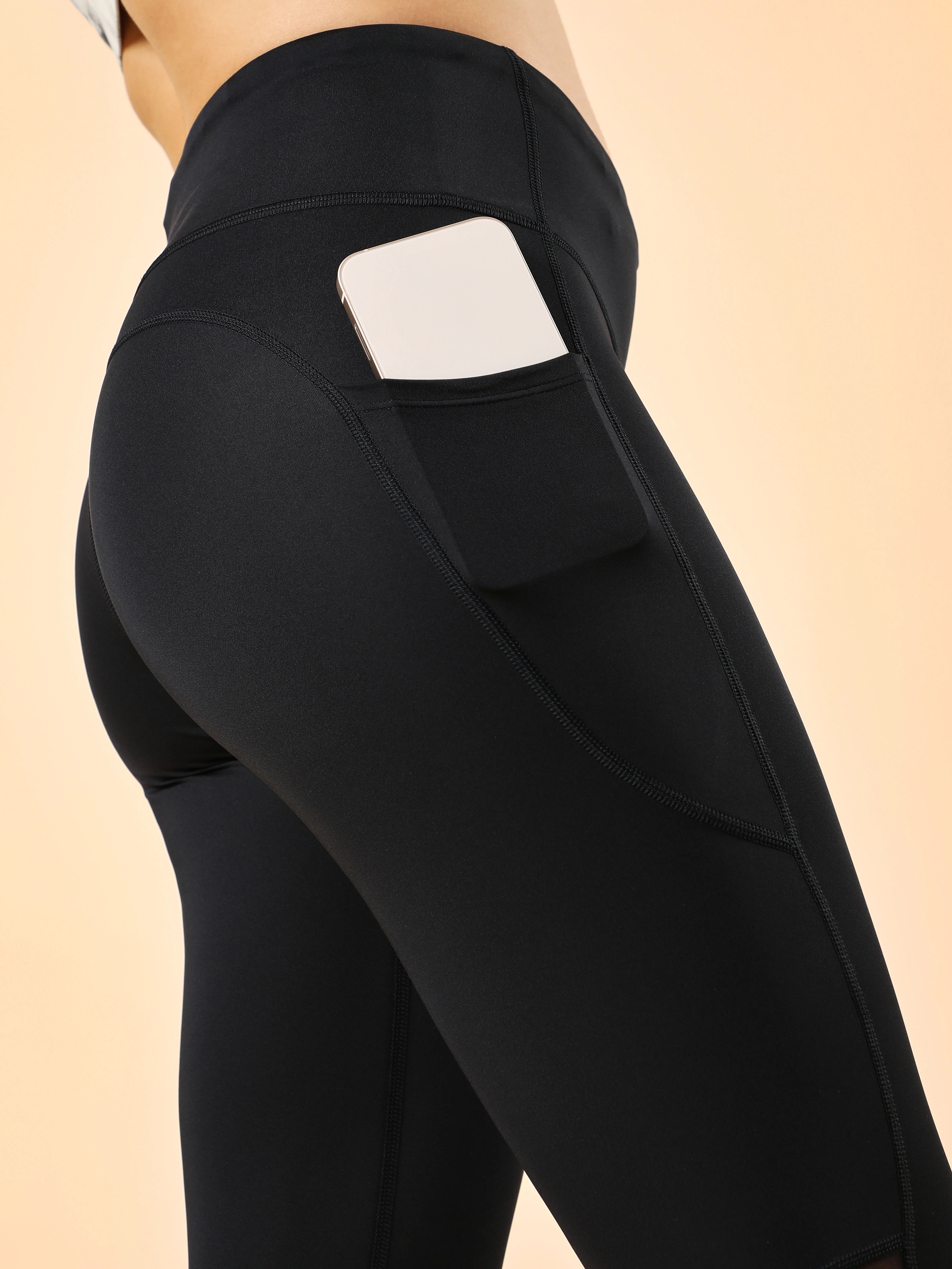 Mesh Panel Solid Leggings with Pocket - Image 7