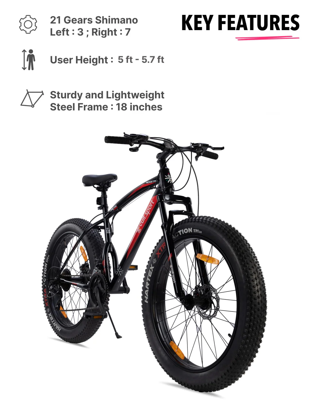 Monstro 26T Fat Bike – 21 Speed Shimano Gear, Front Suspension, Dual Disc Brake, Black - Image 2
