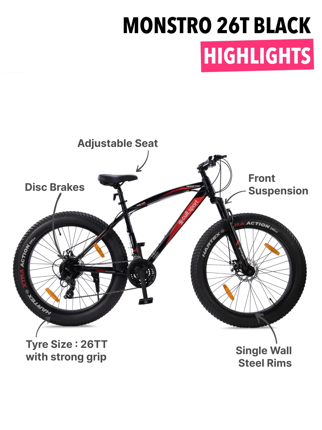Monstro 26T Fat Bike – 21 Speed Shimano Gear, Front Suspension, Dual Disc Brake, Black - Image 3