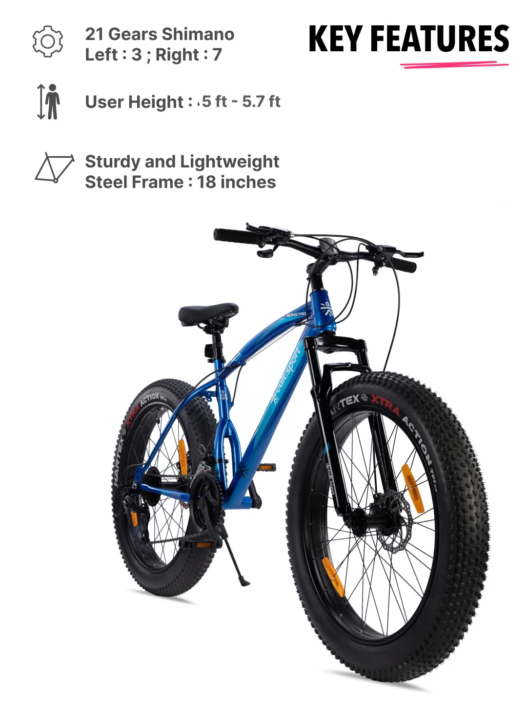 Monstro 26T Fat Bike – 21 Speed Shimano Gear, Front Suspension, Dual Disc Brake, Blue - Image 2