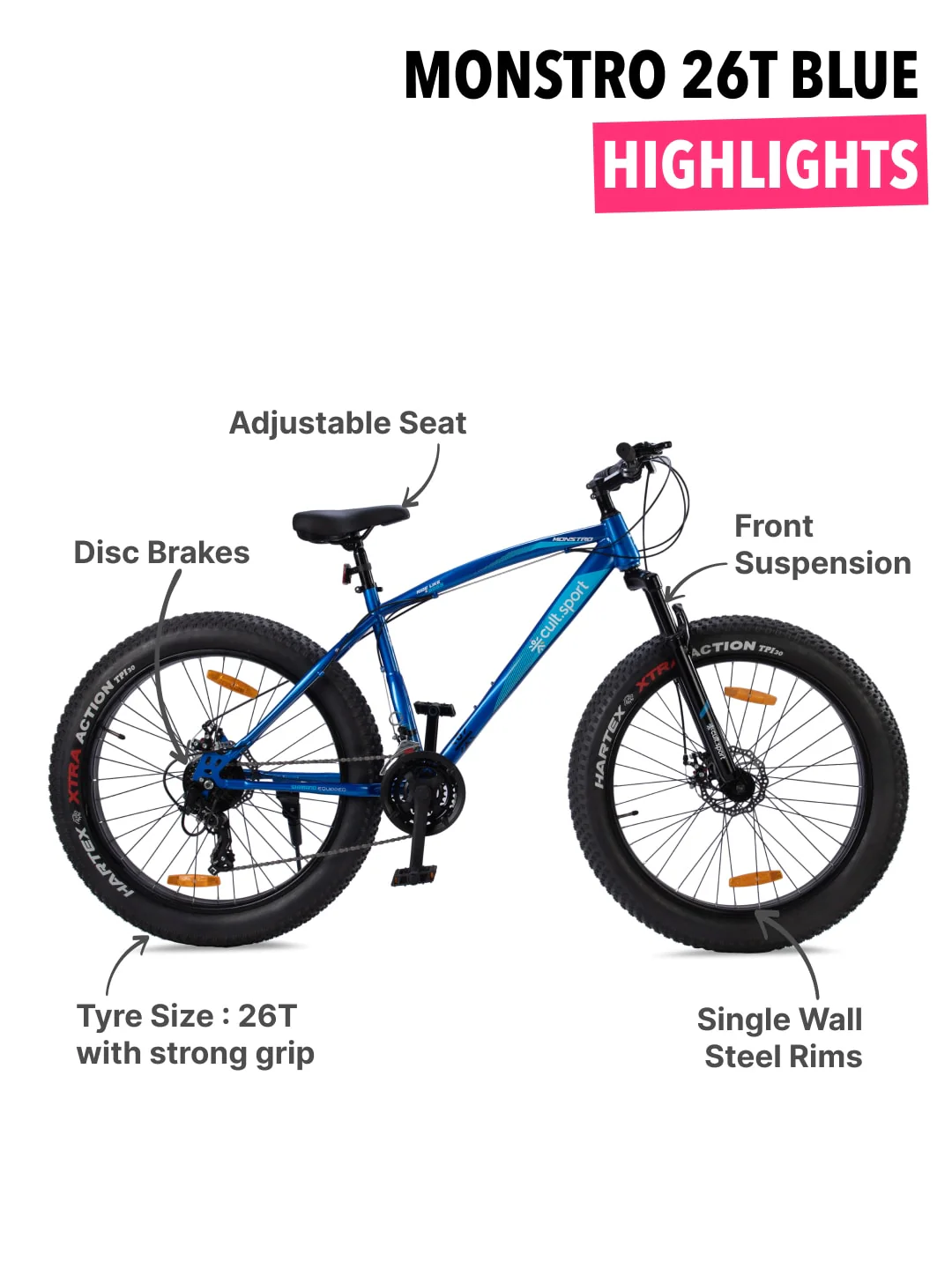 Monstro 26T Fat Bike – 21 Speed Shimano Gear, Front Suspension, Dual Disc Brake, Blue - Image 3