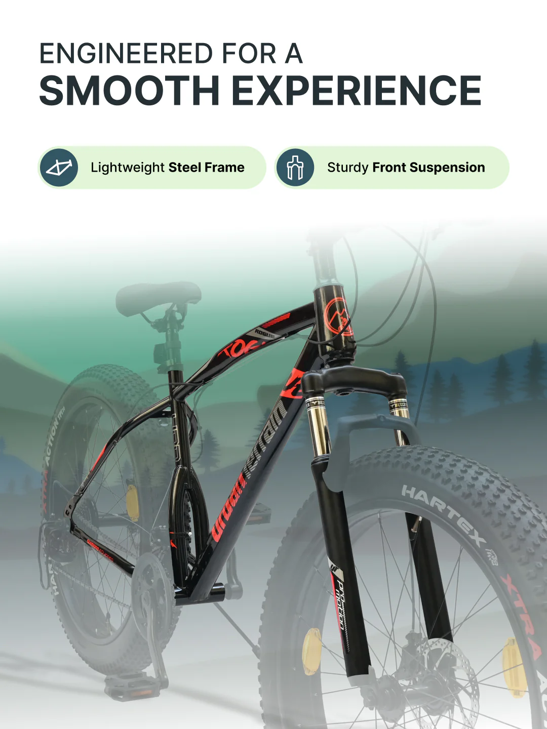 Rogue Mountain Bike Steel 21 Speed Cycle 26 inch Fat Tyre, Black With Front Suspension, Single Wall Rim and Dual Disc Brakes, Ideal For 5 ft to 5.7 ft, Free Trainer Sessions and Cycling Event - Image 4