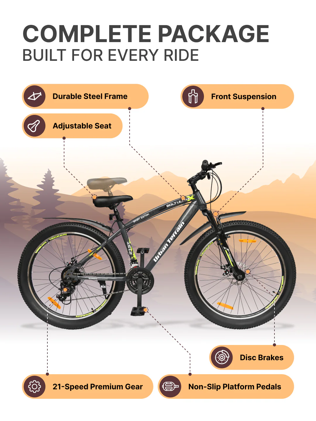 Bolt Ultra Mountain Bike Steel 21 Speed Cycle 27.5 inch Tyre, Grey With Front Suspension, Double Wall Rim and Dual Disc Brakes, Ideal For 5.2 ft to 6 ft - Image 2