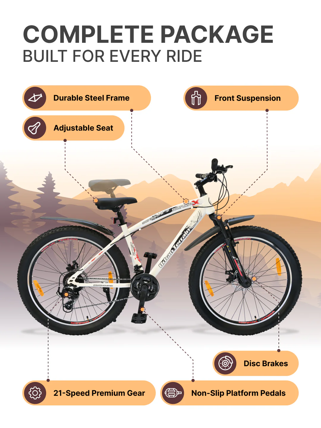 Bolt Ultra Mountain Bike Steel 21 Speed Cycle 27.5 inch Tyre, White With Front Suspension, Double Wall Rim and Dual Disc Brakes, Ideal For 5.2 ft to 6 ft - Image 2