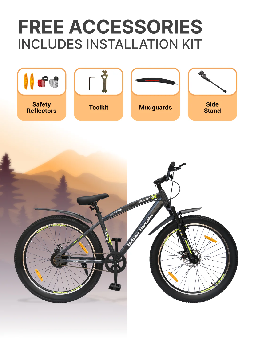 Bolt Pro Mountain Bike Steel Single Speed 27.5 inch Tyre with Dual Disc Brakes, Front Suspension, Double Wall Alloy Rim, Grey - Image 6