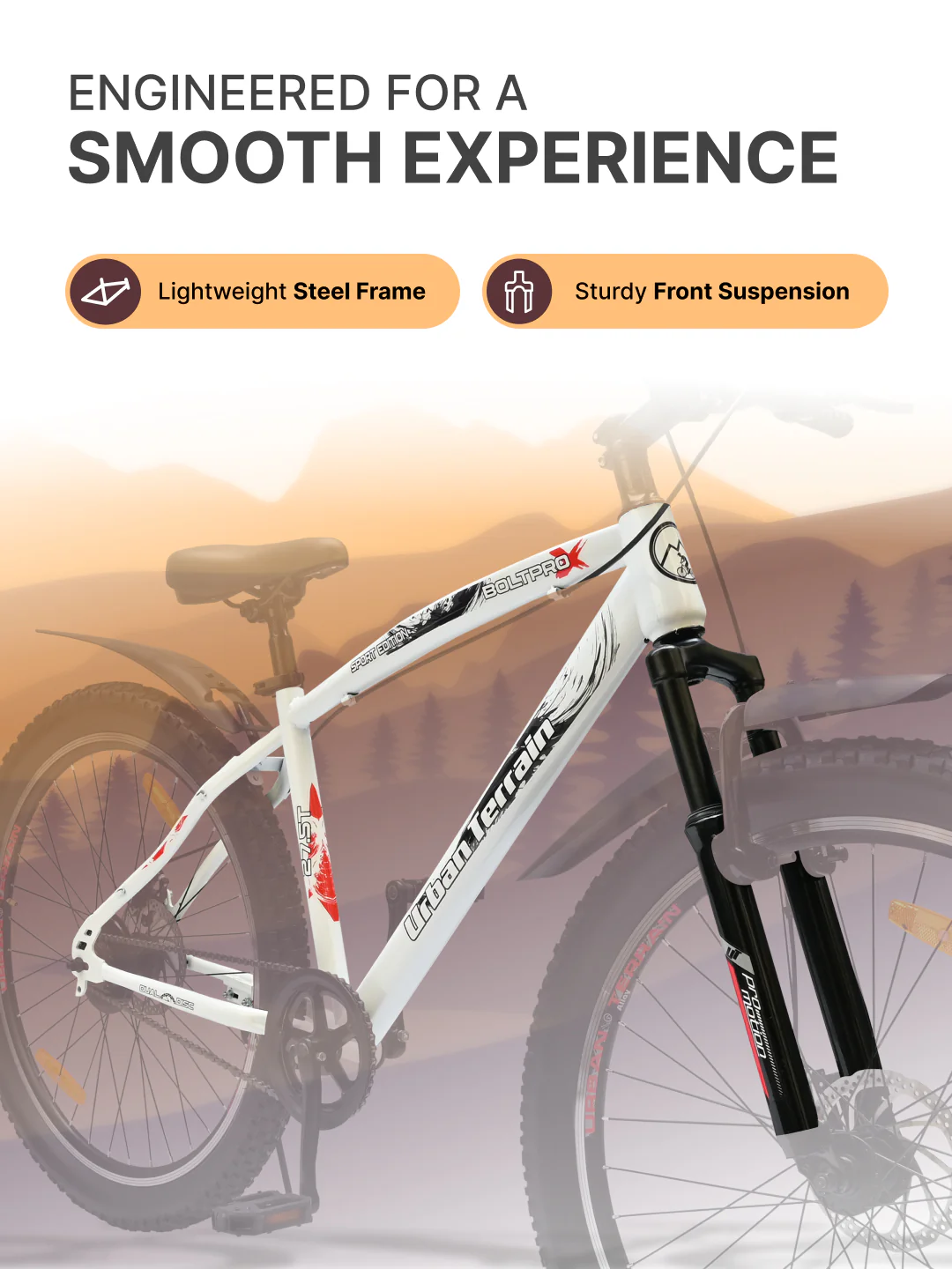 Bolt Pro Mountain Bike Steel Single Speed 27.5 inch Tyre with Dual Disc Brakes, Front Suspension, Double Wall Alloy Rim, White - Image 4