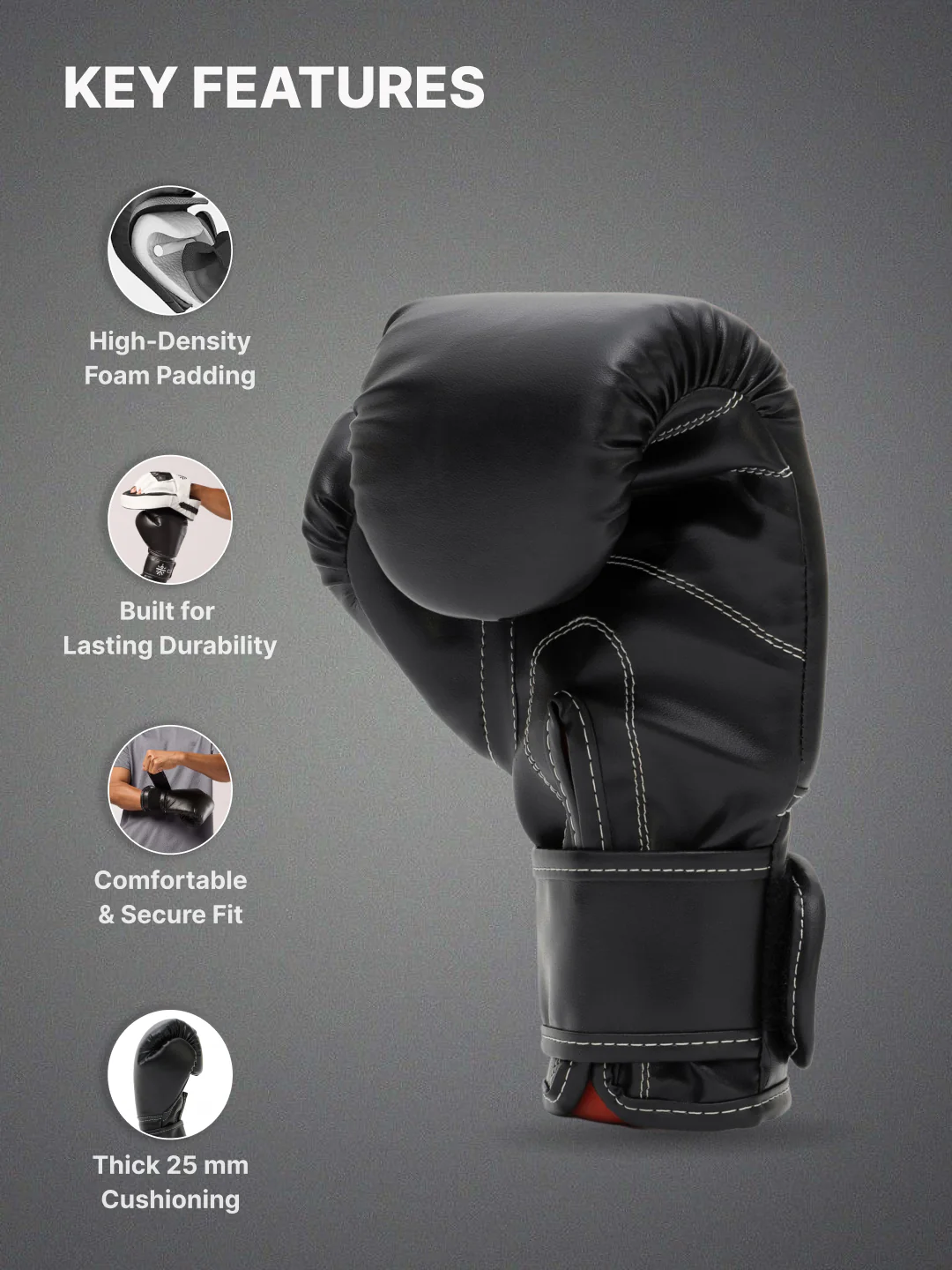 cult Neo PU Boxing Gloves for Men & Women Foam Padding Thickness 25mm Punching Bag Gloves for Boxing, Training, Kickboxing, Muay Thai, MMA Black - Image 3