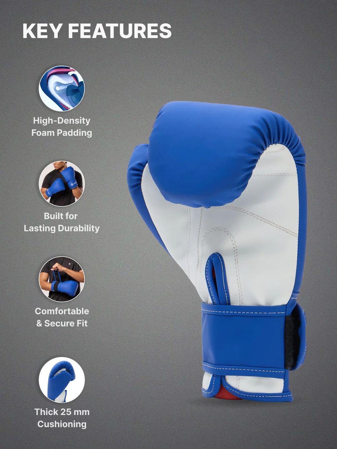 cult Neo PU Boxing Gloves for Men & Women Foam Padding Thickness 25mm Punching Bag Gloves for Boxing, Training, Kickboxing, Muay Thai, MMA Blue & White - Image 4