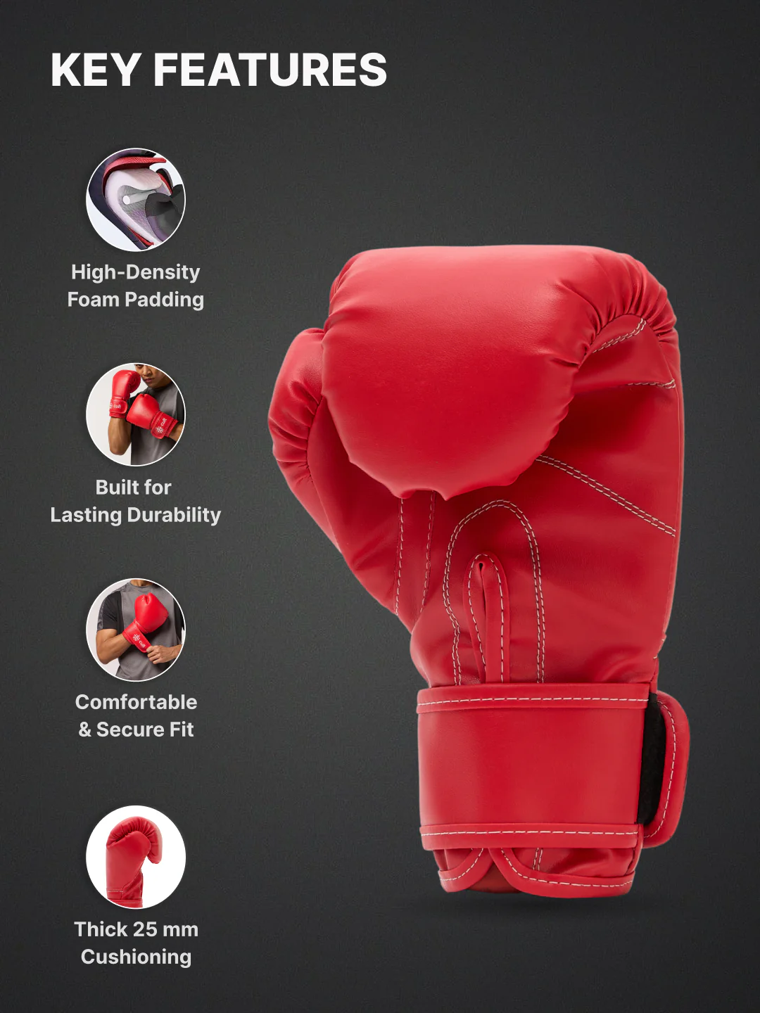 cult Neo PU Boxing Gloves for Men & Women Foam Padding Thickness 25mm Punching Bag Gloves for Boxing, Training, Kickboxing, Muay Thai, MMA Red - Image 3