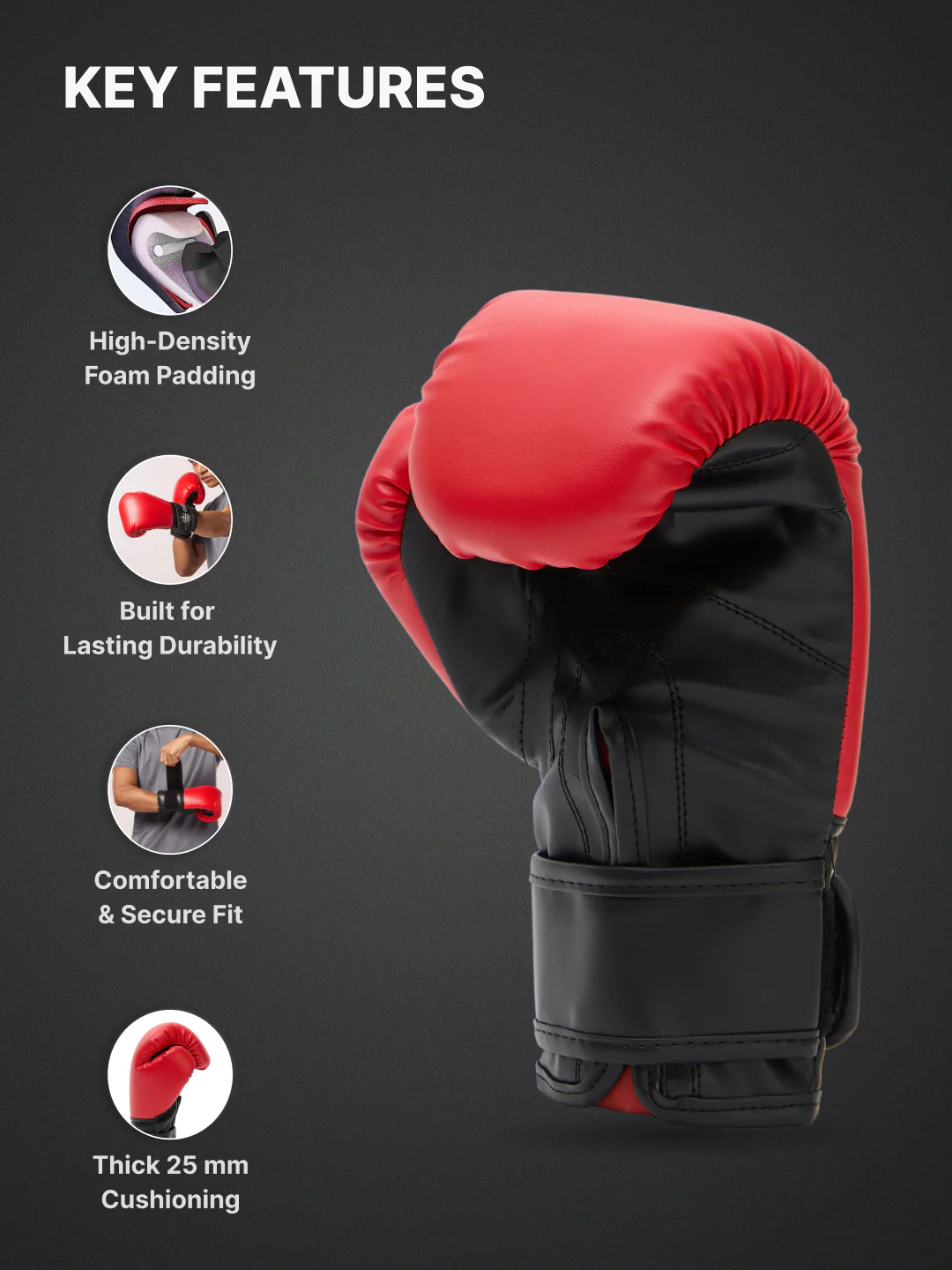 cult Neo PU Boxing Gloves for Men & Women Foam Padding Thickness 25mm Punching Bag Gloves for Boxing, Training, Kickboxing, Muay Thai, MMA Red and Black - Image 4