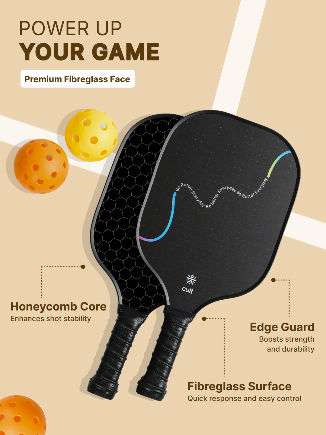 Pickle Ball Unisex Tough Fibreglass Material  Lightweight & Durable Cushion Comfort Handle Grip Includes 2 Paddles (Black), 2 Indoor Balls (Yellow), 2 Outdoor Balls (Orange) & Bag - Image 3