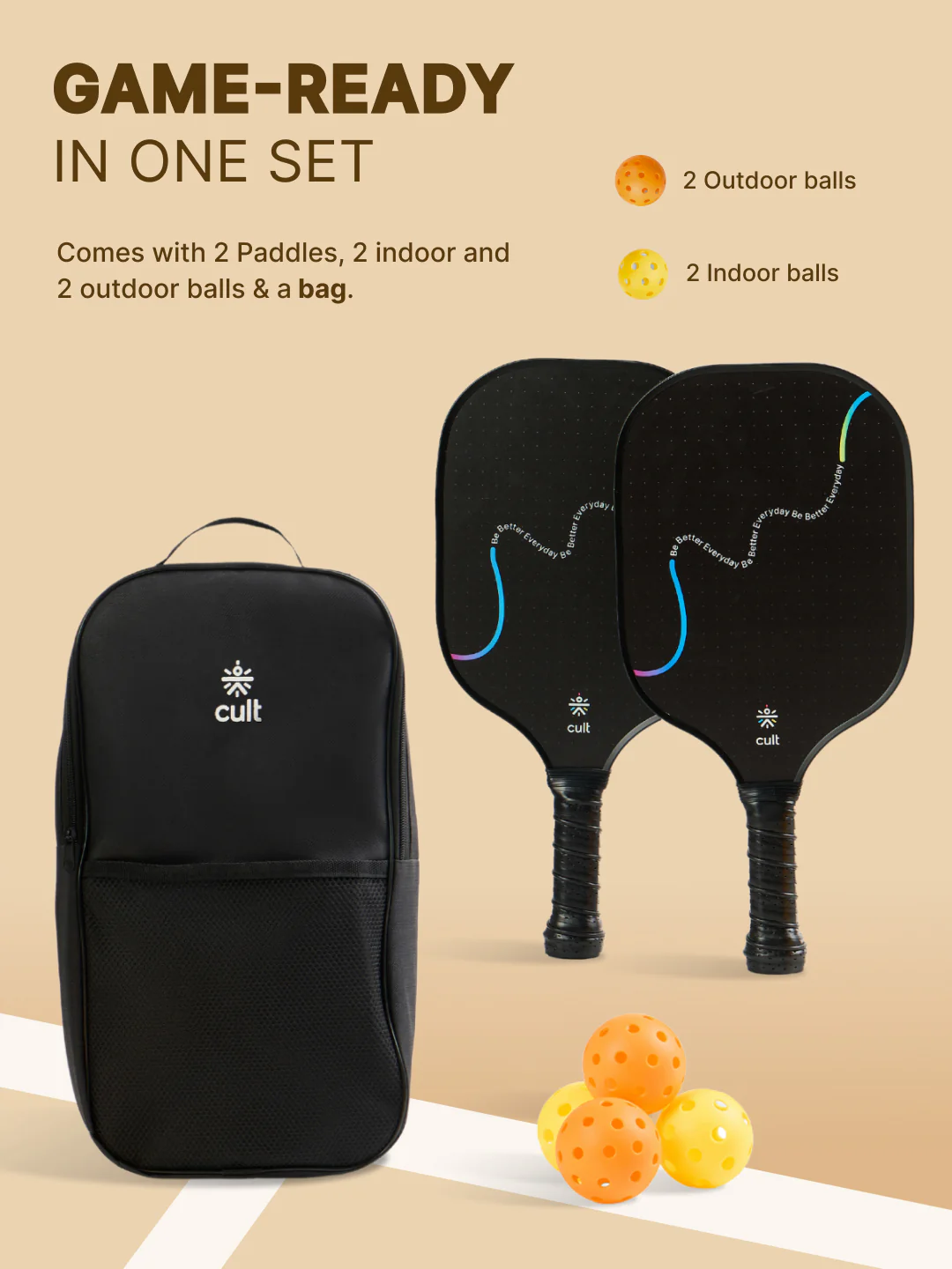 Pickle Ball Unisex Tough Fibreglass Material  Lightweight & Durable Cushion Comfort Handle Grip Includes 2 Paddles (Black), 2 Indoor Balls (Yellow), 2 Outdoor Balls (Orange) & Bag - Image 4