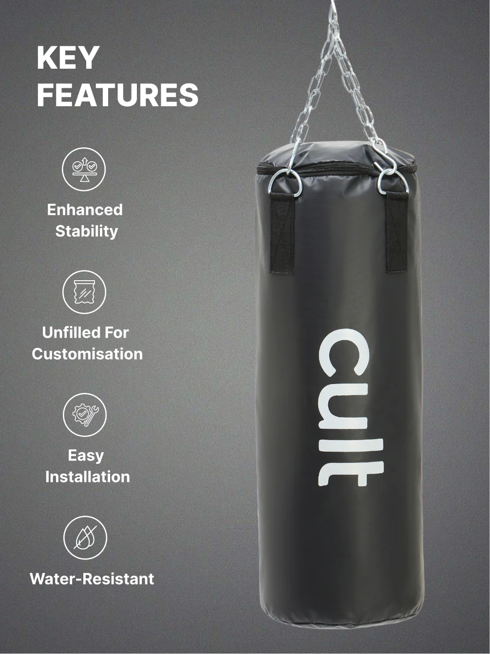 cult Punching Bag Combo for Men & Women 3ft Heavy Bag with Hand Wraps Reinforced Stitching Durable Construction Hanging Chain Unfilled Easy to Install Black - Image 3