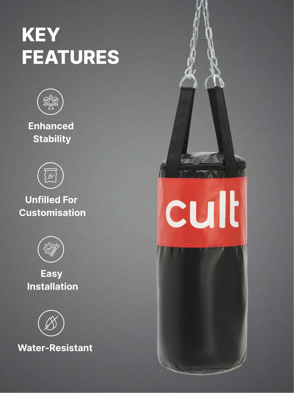 cult Punching Bag Black & Red 3ft Heavy Duty Punching Bag for Boxing, Kickboxing, MMA Training Reinforced Stitching Durable PU Leather Hanging Chain Included Unfilled Easy to Install For Home & Gym Use - Image 3