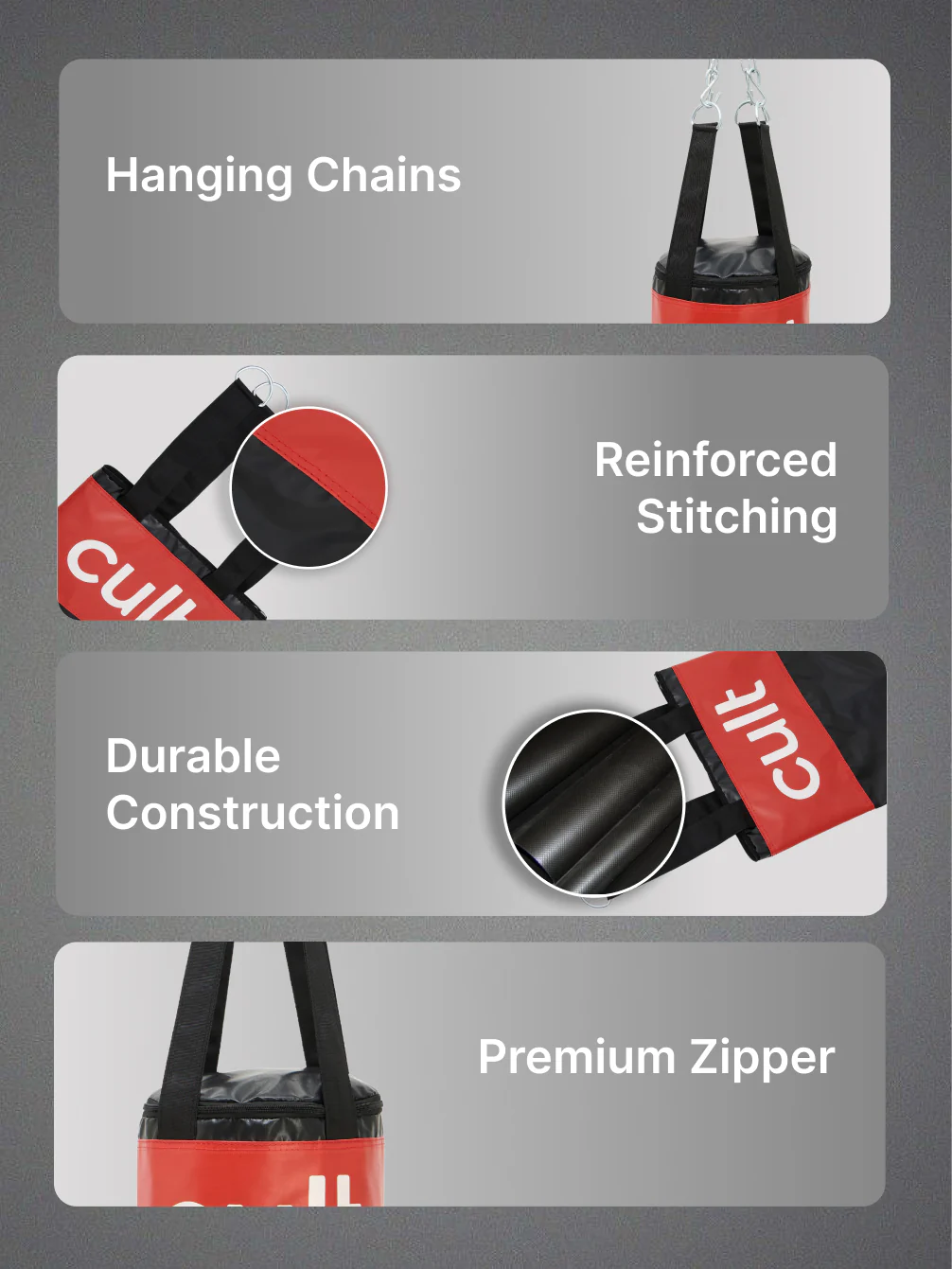 cult Punching Bag Black & Red 3ft Heavy Duty Punching Bag for Boxing, Kickboxing, MMA Training Reinforced Stitching Durable PU Leather Hanging Chain Included Unfilled Easy to Install For Home & Gym Use - Image 4