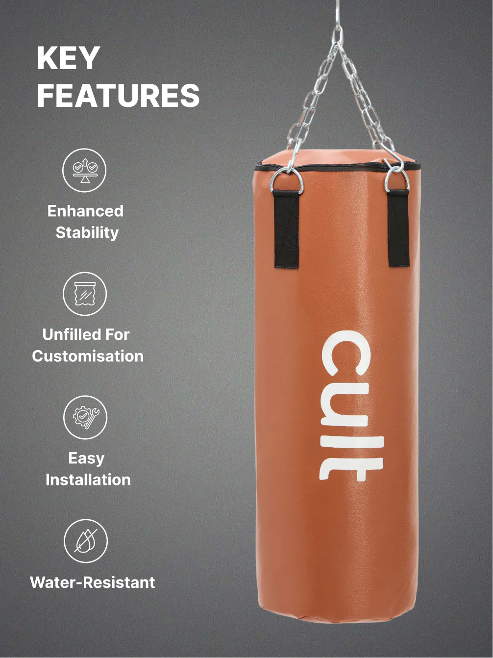 cult Punching Bag Tan 4ft Heavy Duty Punching Bag for Boxing, Kickboxing, MMA Training Reinforced Stitching Durable PU Leather Hanging Chain Included Unfilled Easy to Install For Home & Gym Use - Image 3