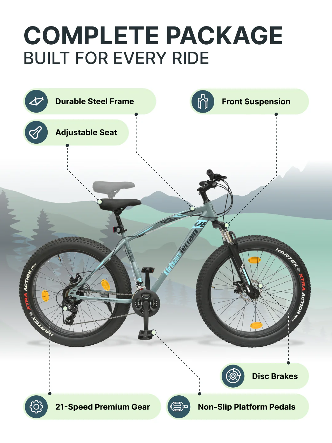 Rogue Mountain Bike Steel 21 Speed Cycle 26 inch Fat Tyre, Grey With Front Suspension, Single Wall Rim and Dual Disc Brakes, Ideal For 5 ft to 5.7 ft - Image 2